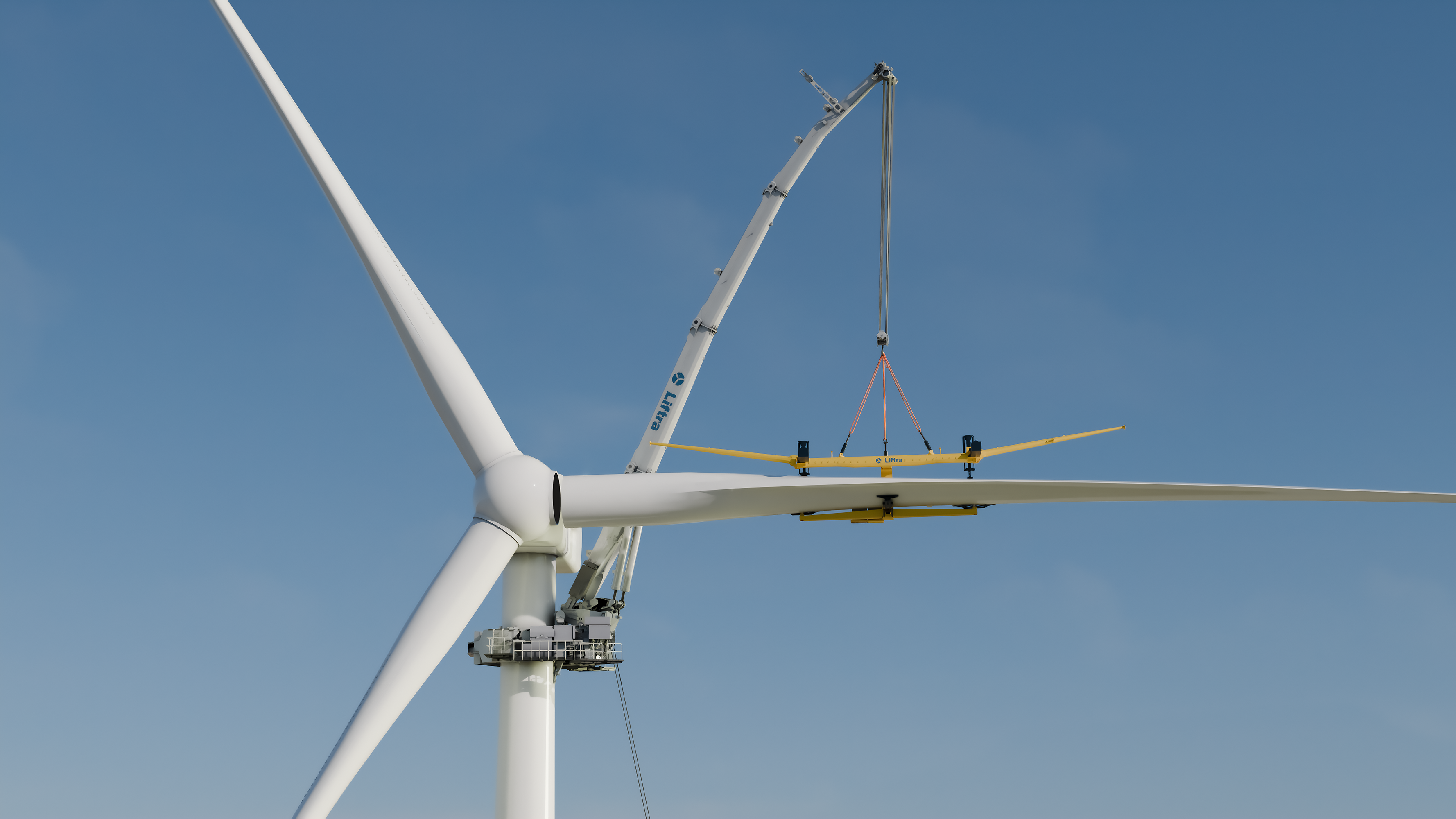 3D render of Liftra LT1500 Installation Crane doing a blade lift
